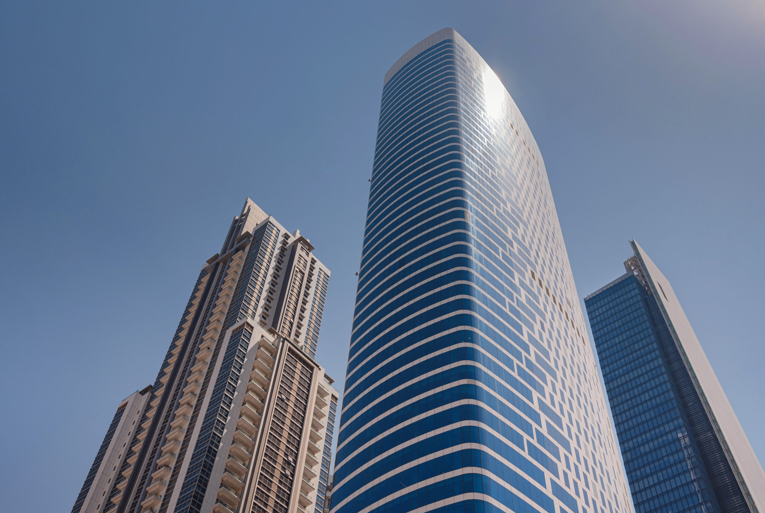 Premium office tower interior with white polished walls